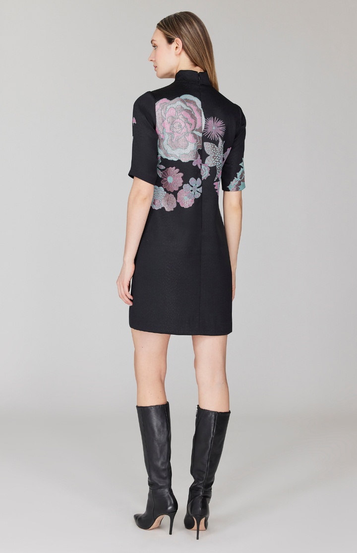 Metallic Scattered Flora Turtleneck Shift Dress w/ Satin Bias