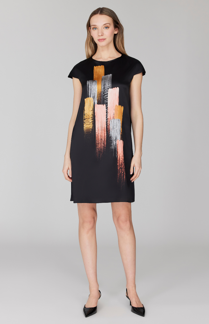 Brush Stroke Print Short Cap Sleeve Trapeze Dress