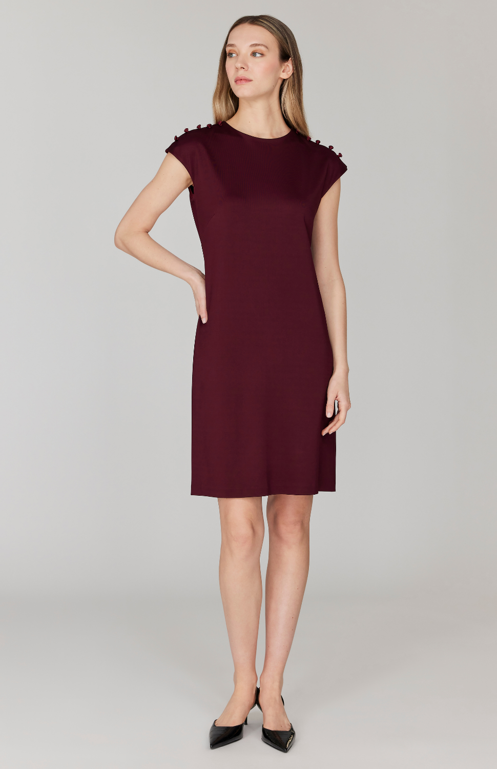 Matte Jersey Fitted Dress w/ Shoulder Buttons