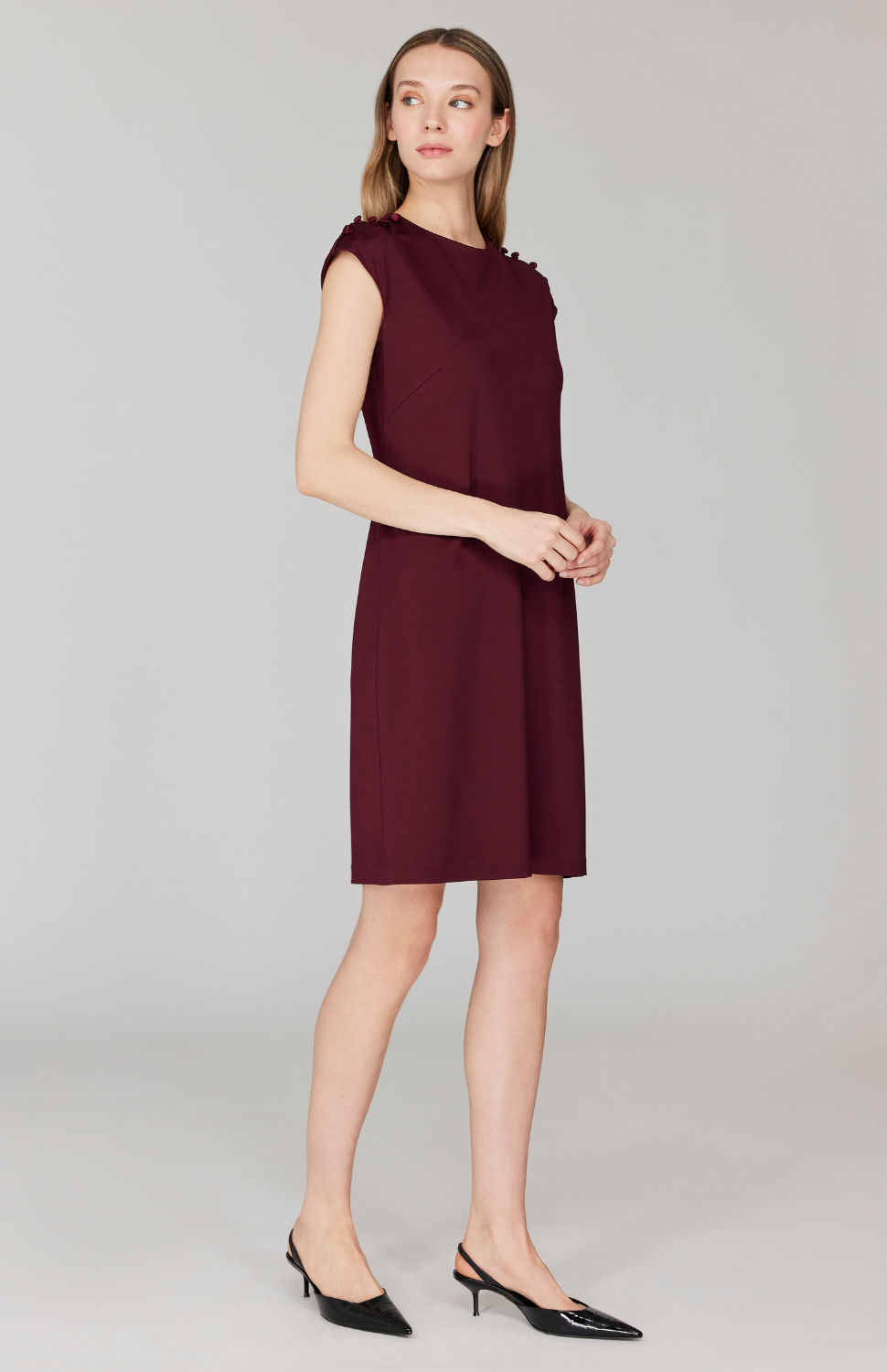 Matte Jersey Fitted Dress w/ Shoulder Buttons