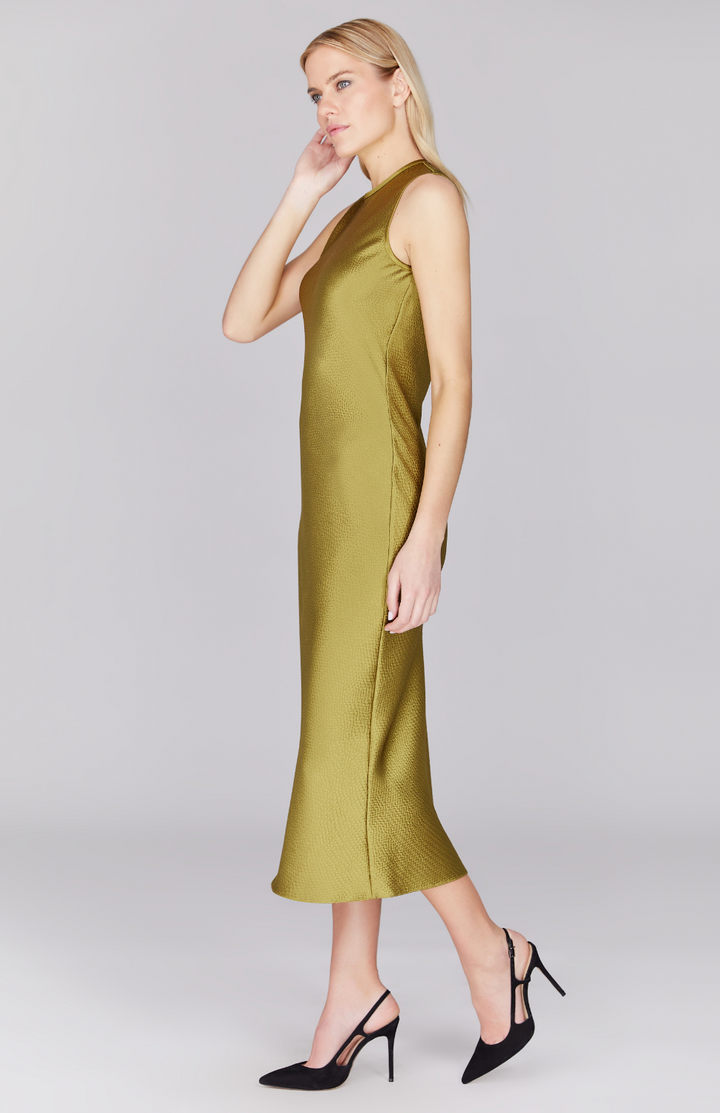 Hammered Satin Crew Neck Bias Dress