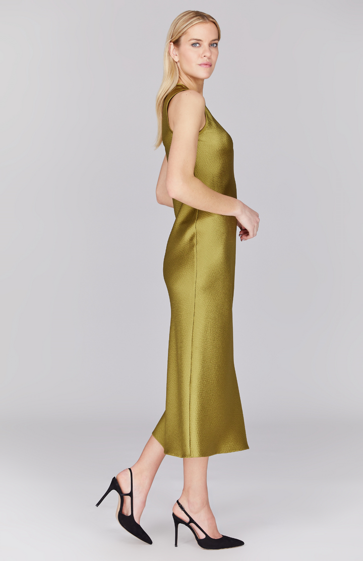 Hammered Satin Crew Neck Bias Dress