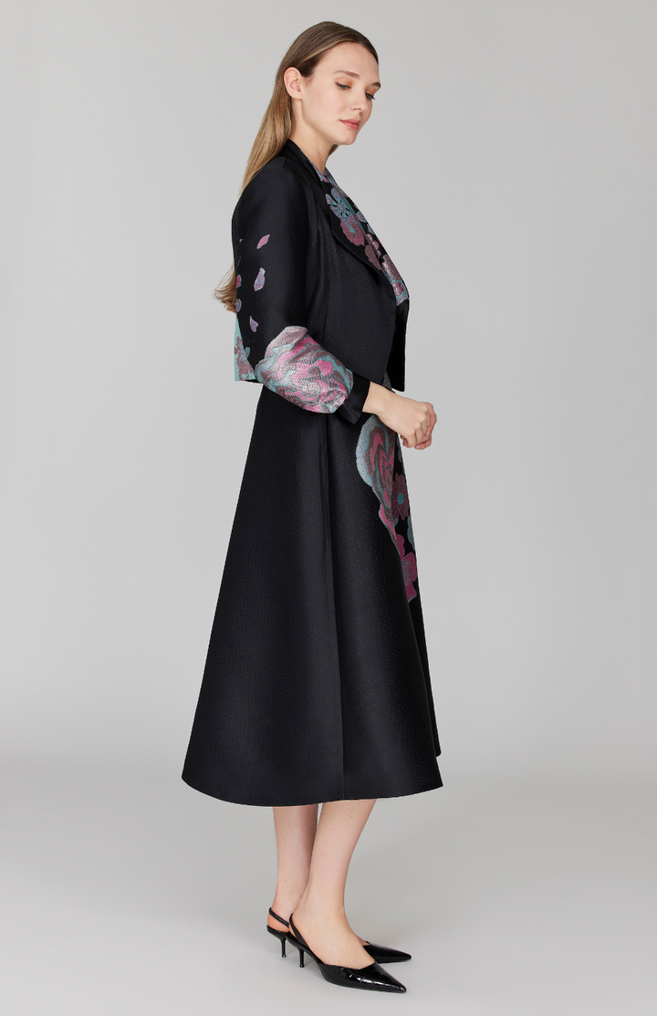 Metallic Scattered Flora Short Jacket w/ Pleat Sleeve