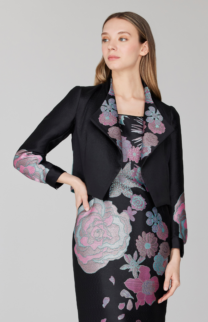 Metallic Scattered Flora Short Jacket w/ Pleat Sleeve