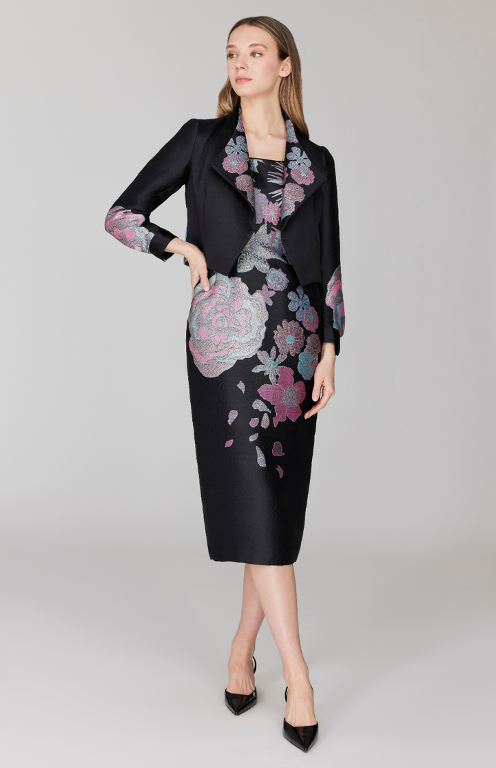 Metallic Scattered Flora Long Fitted Dress w/ Satin Bias