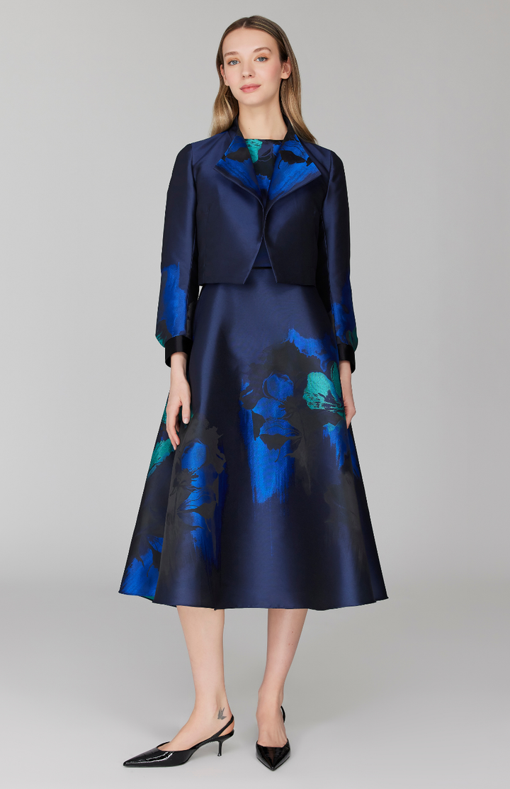 Watercolor Floral Jacquard Short Jacket w/ Pleat Sleeve