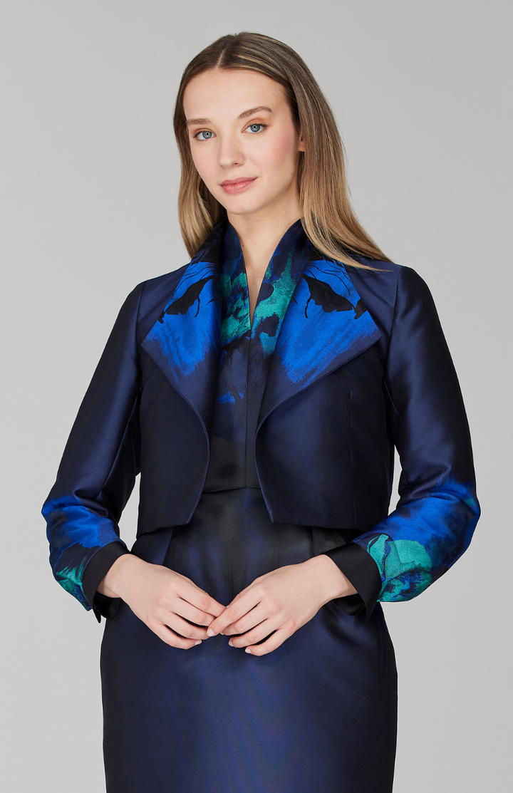 Watercolor Floral Jacquard Short Jacket w/ Pleat Sleeve