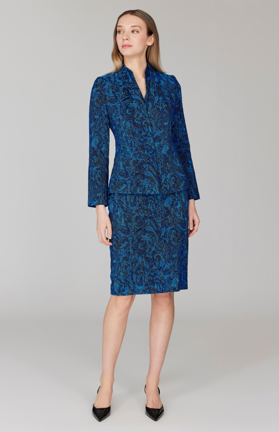 Paisley Stretch Jacquard Fitted Dress w/ High Neck