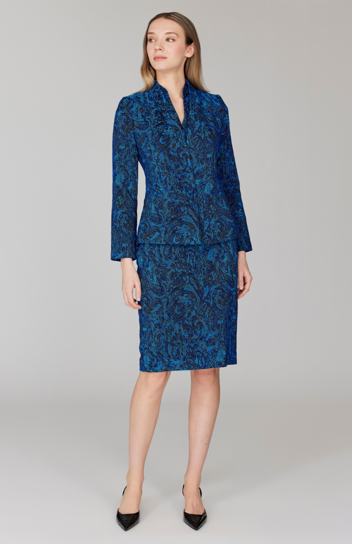Paisley Stretch Jacquard Fitted Dress w/ High Neck