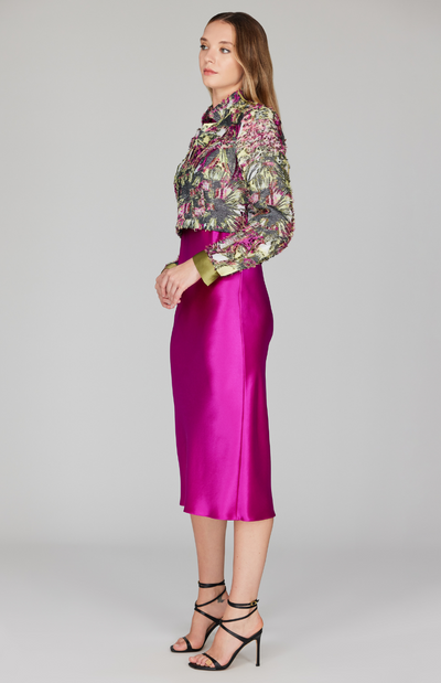 Metallic Floral Eyelash Short Jacket w/ Satin Contrast