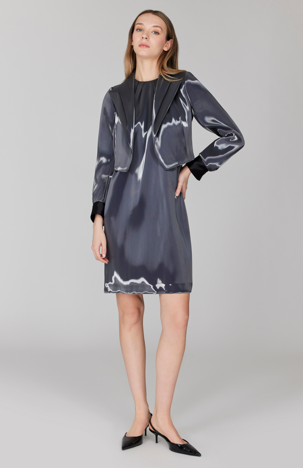 Liquid Organza Shift Dress w/ Pleat Neck 10 / Charcoal XN Liquid Organza Shift Dress w/ Pleat Neck 10 / Charcoal XN