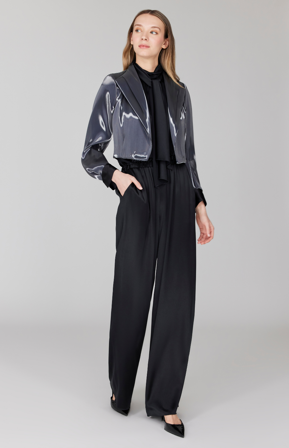 Liquid Organza Short Jacket w/ Pleated Sleeve