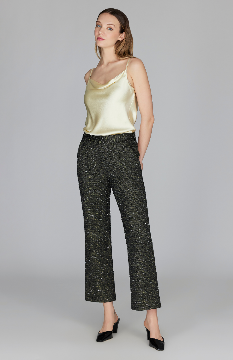 Metallic Tweed Straight Leg Pant w/ Back Zip