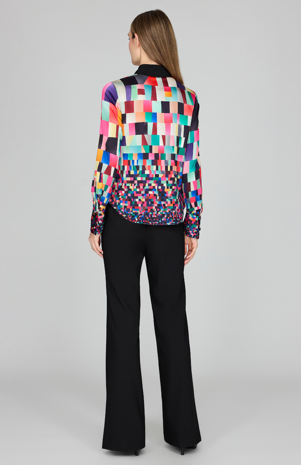 Bojagi Print Silk Fitted Collared Shirt w/ Relaxed Sleeve