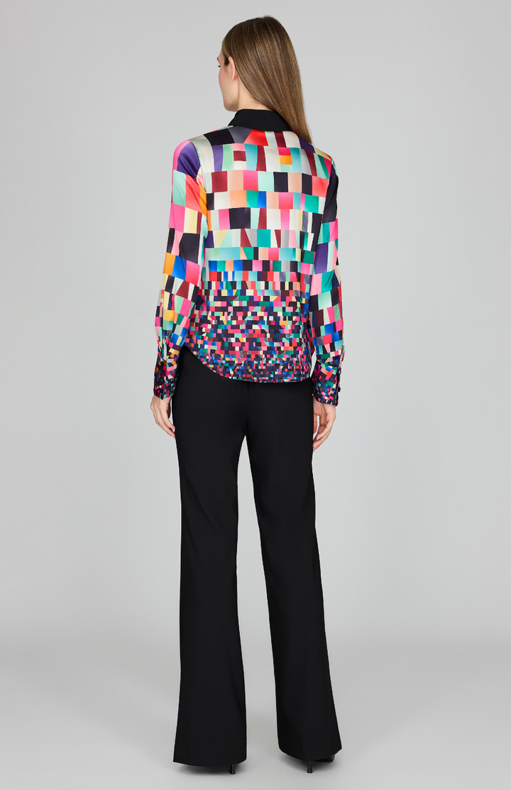 Bojagi Print Silk Fitted Collared Shirt w/ Relaxed Sleeve