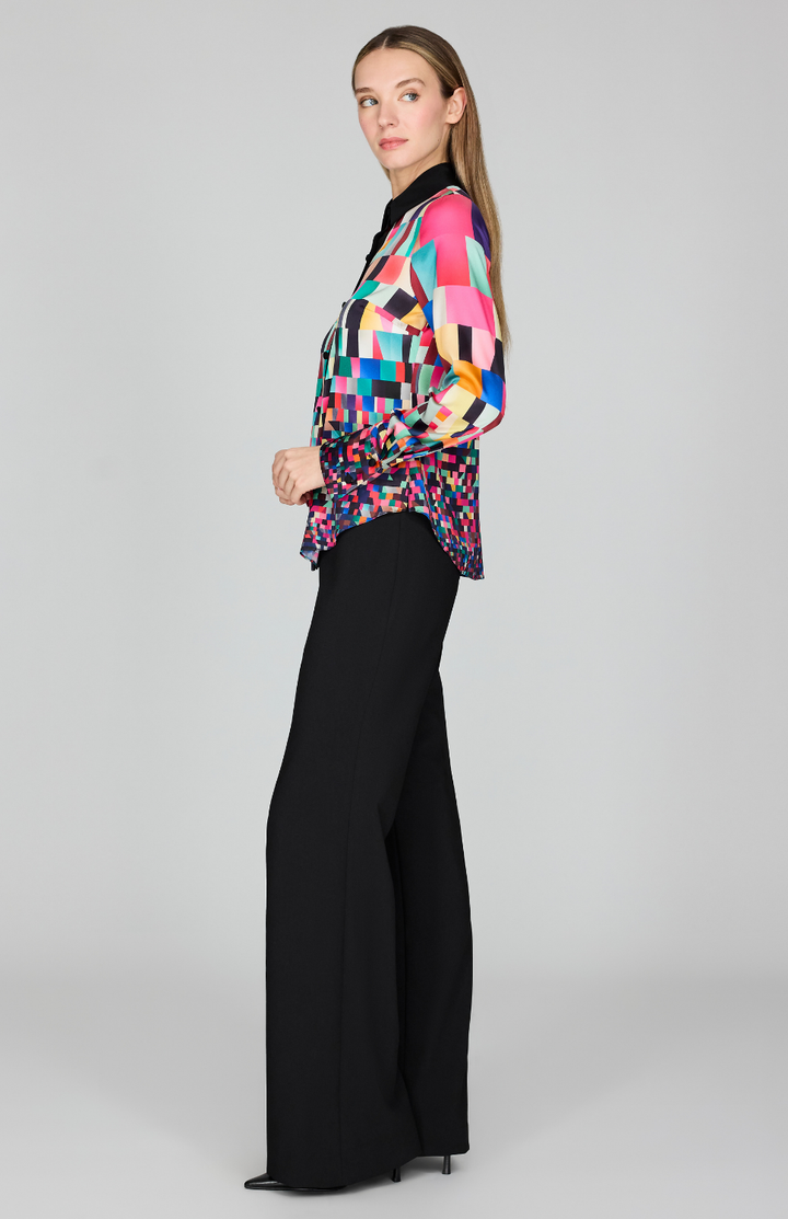 Bojagi Print Silk Fitted Collared Shirt w/ Relaxed Sleeve