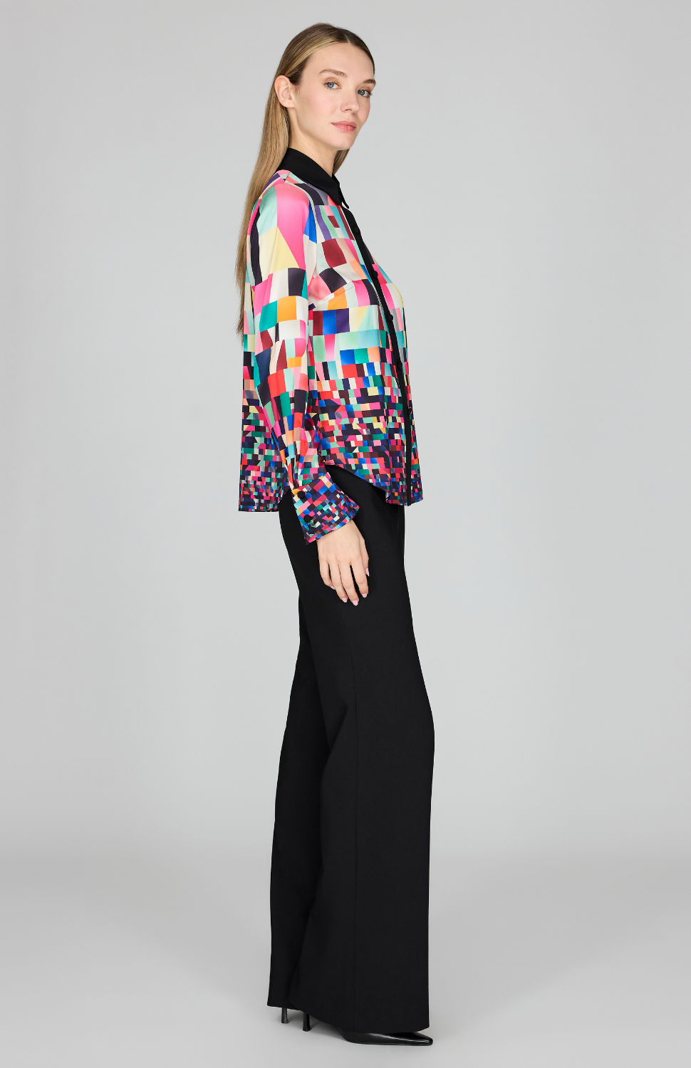 Bojagi Print Silk Fitted Collared Shirt w/ Relaxed Sleeve