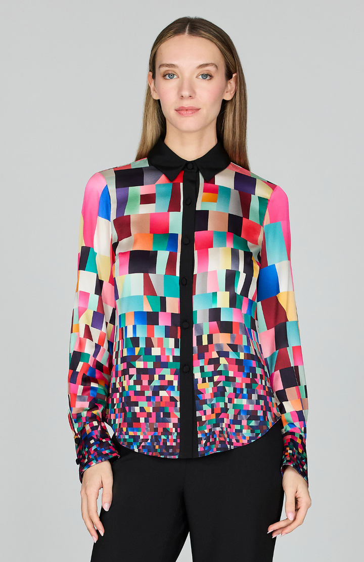 Bojagi Print Silk Fitted Collared Shirt w/ Relaxed Sleeve