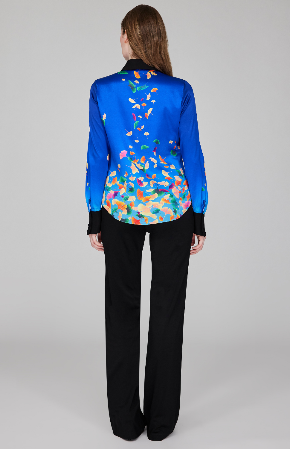 Falling Leaves Stretch Silk Fitted Collared Shirt w/ Relaxed Sleeve