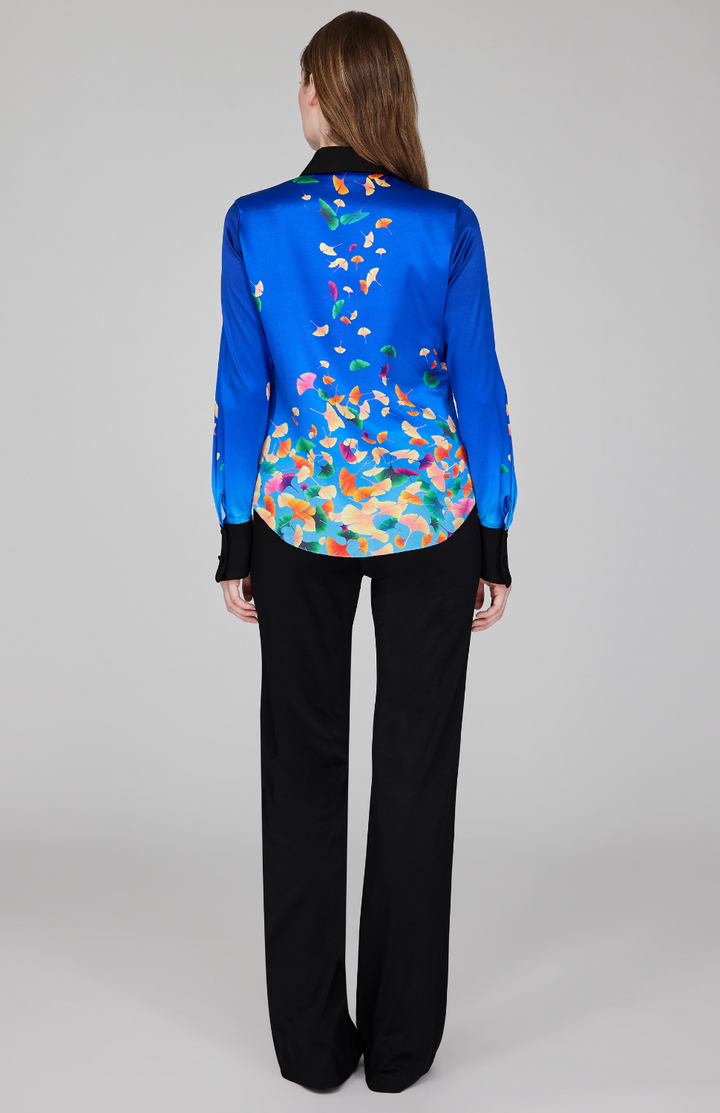 Falling Leaves Stretch Silk Fitted Collared Shirt w/ Relaxed Sleeve