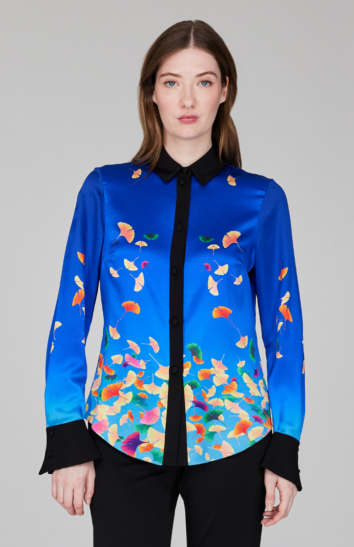 Falling Leaves Stretch Silk Fitted Collared Shirt w/ Relaxed Sleeve
