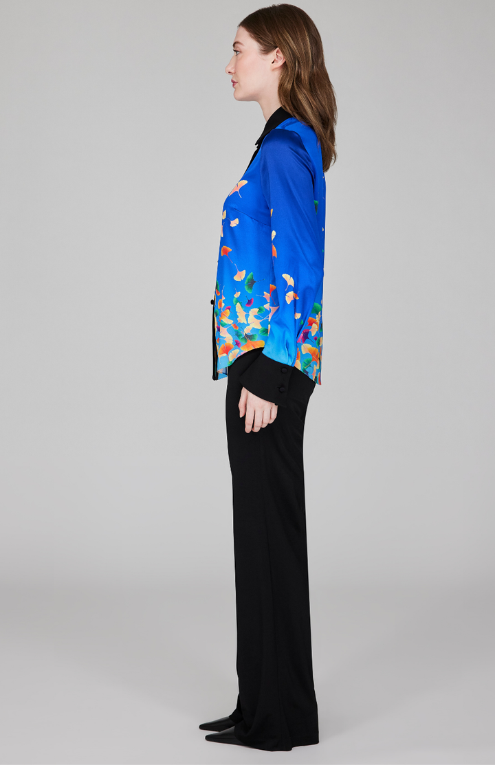 Falling Leaves Stretch Silk Fitted Collared Shirt w/ Relaxed Sleeve