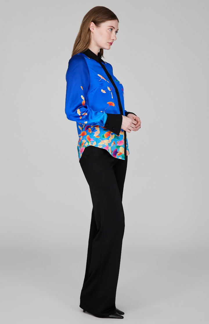 Falling Leaves Stretch Silk Fitted Collared Shirt w/ Relaxed Sleeve