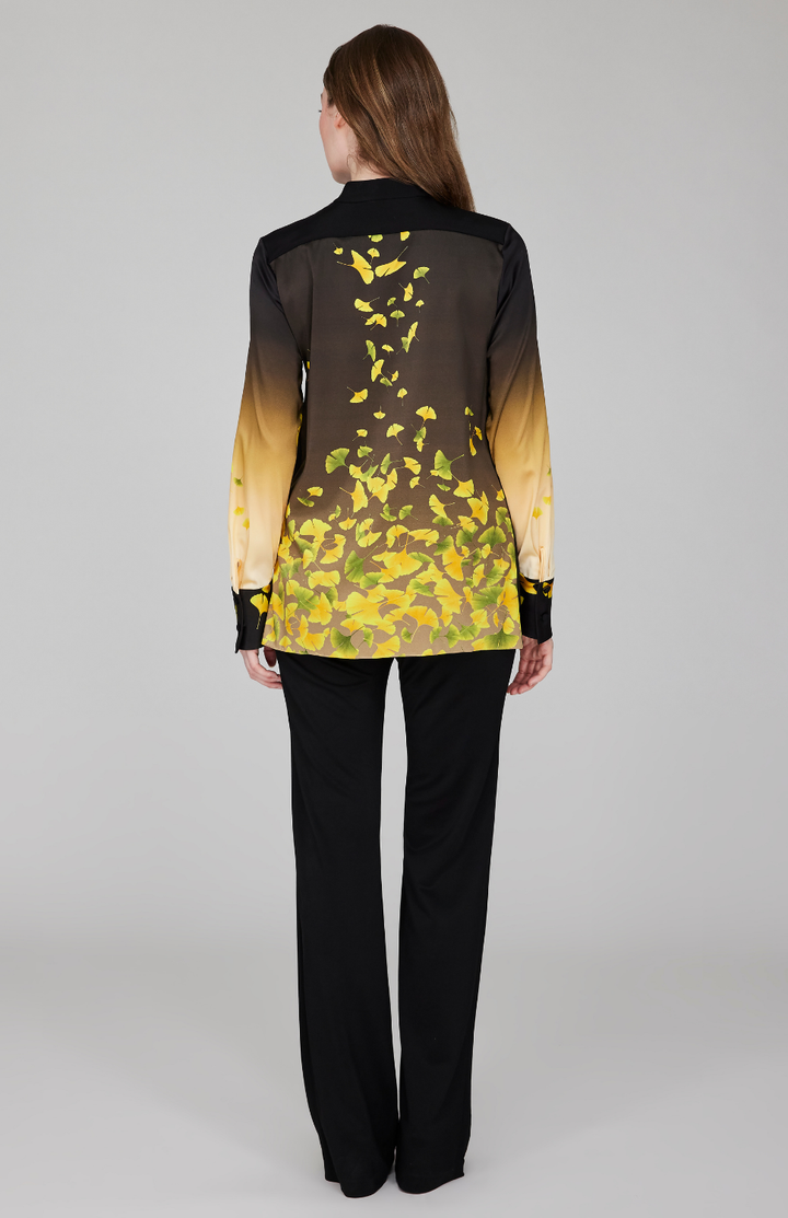 Falling Leaves Stretch Silk Mandarin Collar Blouse w/ Relaxed Sleeve