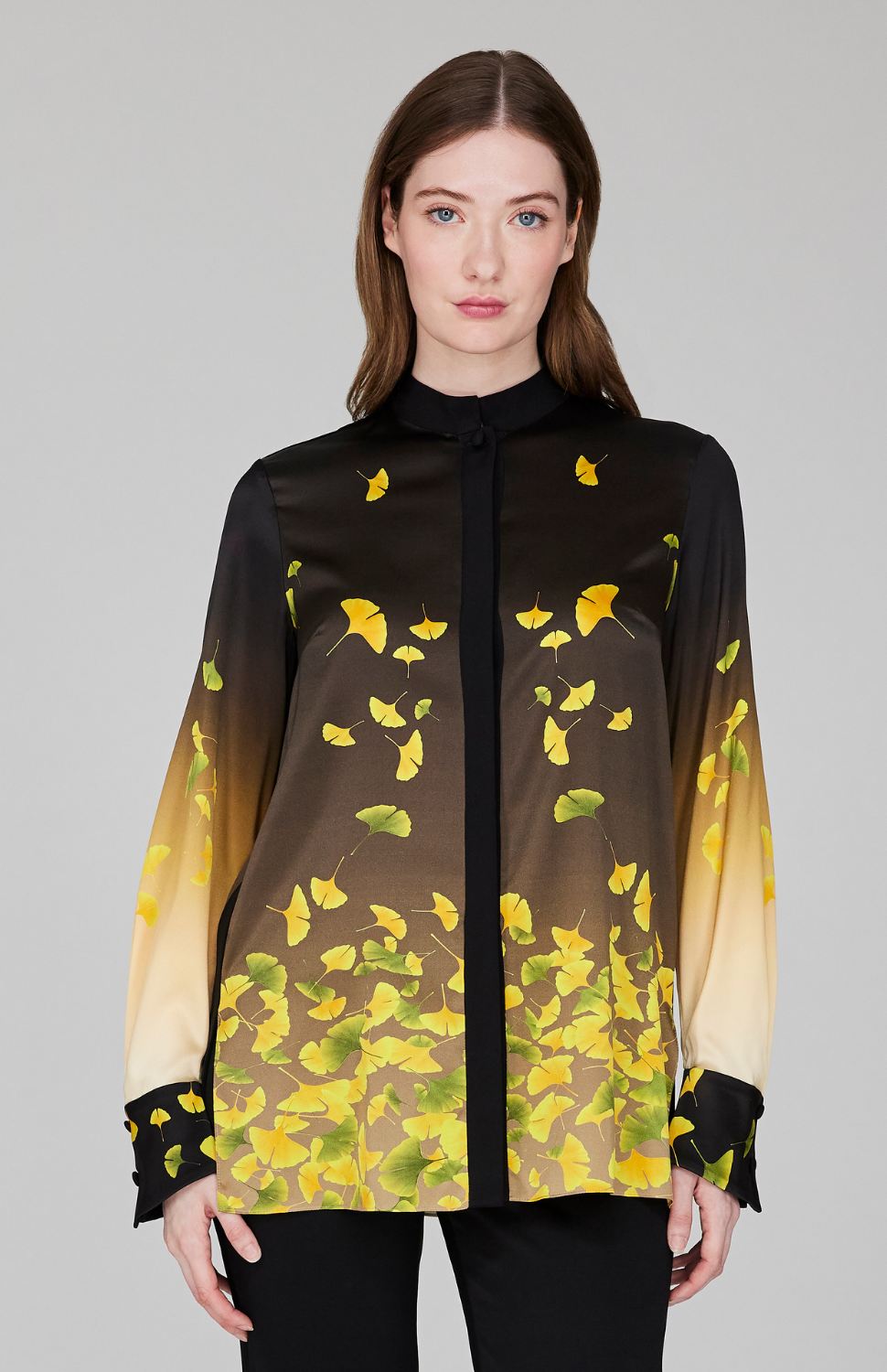 Falling Leaves Stretch Silk Mandarin Collar Blouse w/ Relaxed Sleeve