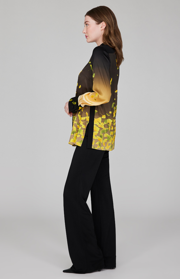 Falling Leaves Stretch Silk Mandarin Collar Blouse w/ Relaxed Sleeve