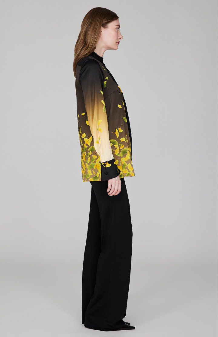 Falling Leaves Stretch Silk Mandarin Collar Blouse w/ Relaxed Sleeve