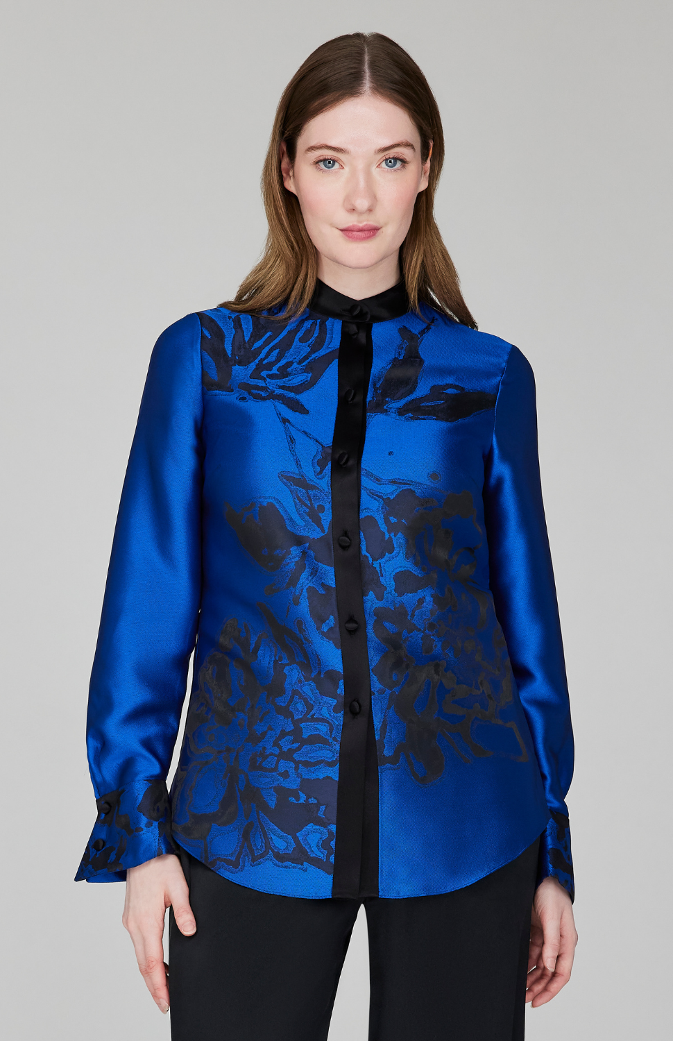 Calligraphic Flora Jacquard Fitted Mandarin Collar Shirt