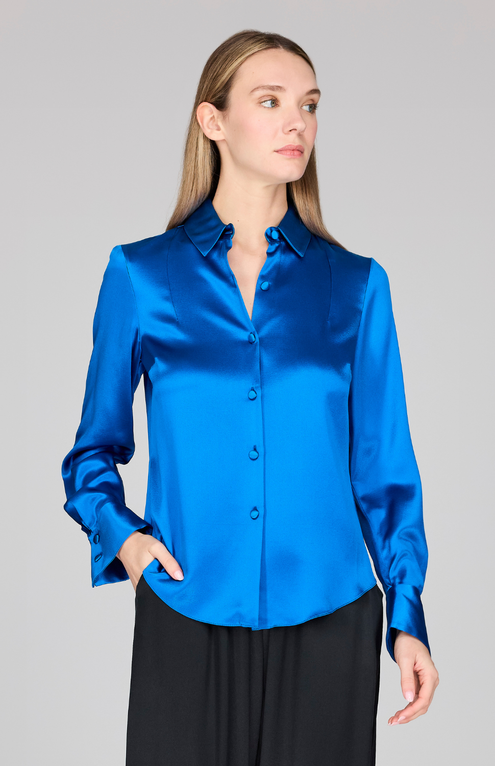 Satin Button Down Collared Shirt w/ Relaxed Sleeve