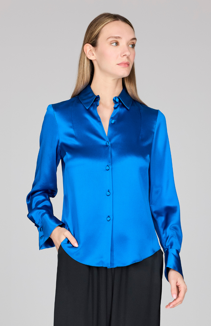 Satin Button Down Collared Shirt w/ Relaxed Sleeve
