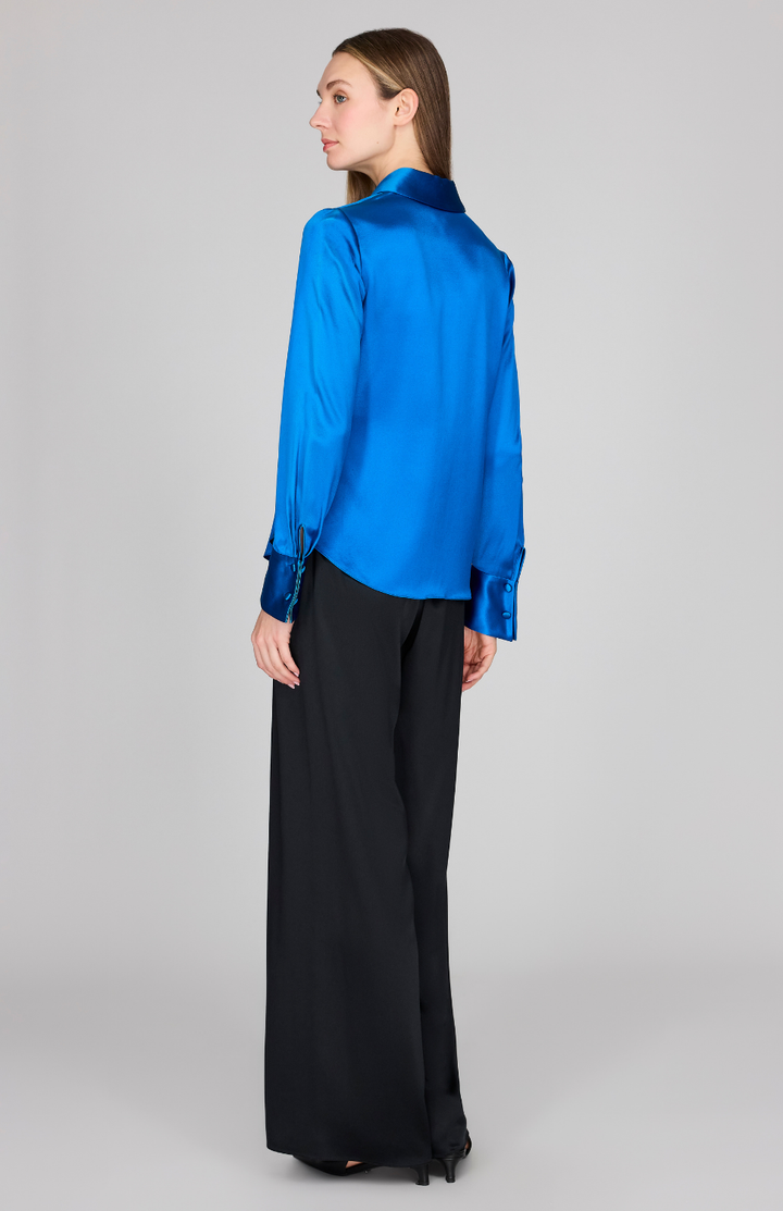 Satin Button Down Collared Shirt w/ Relaxed Sleeve