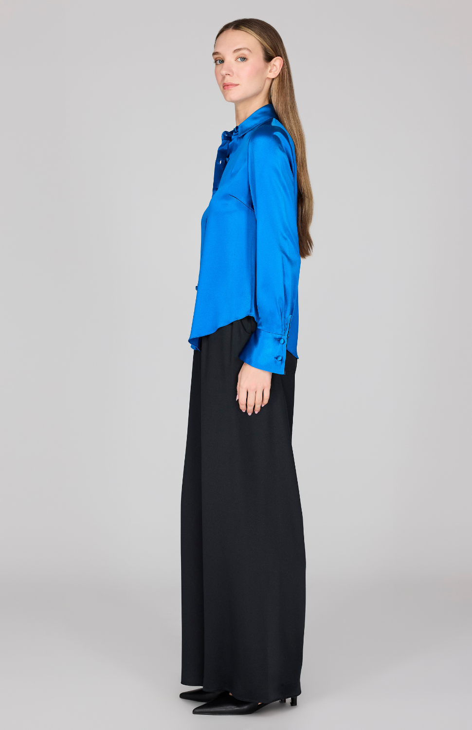 Satin Button Down Collared Shirt w/ Relaxed Sleeve