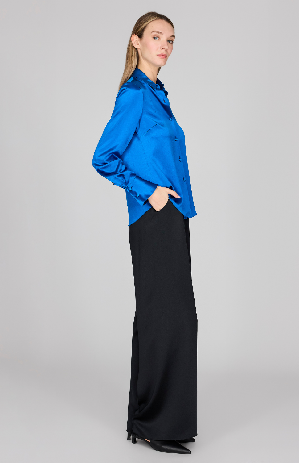 Satin Button Down Collared Shirt w/ Relaxed Sleeve