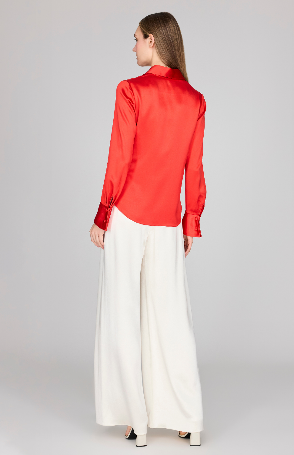 Satin Button Down Collared Shirt w/ Relaxed Sleeve