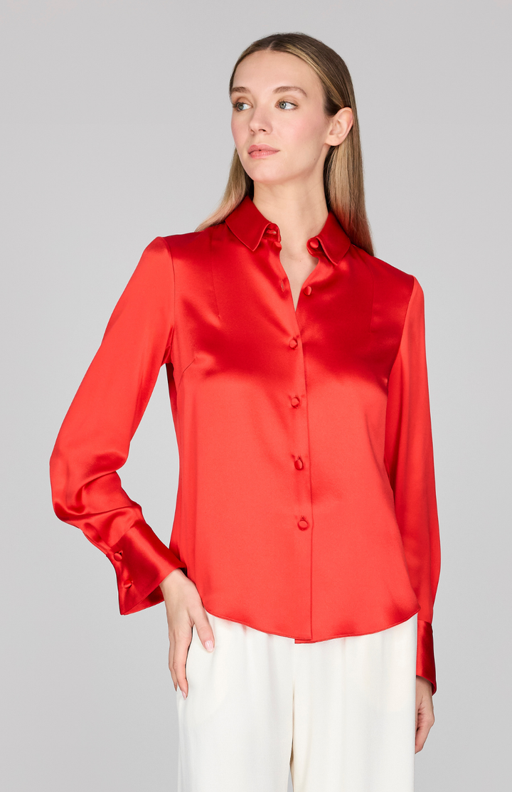 Satin Button Down Collared Shirt w/ Relaxed Sleeve