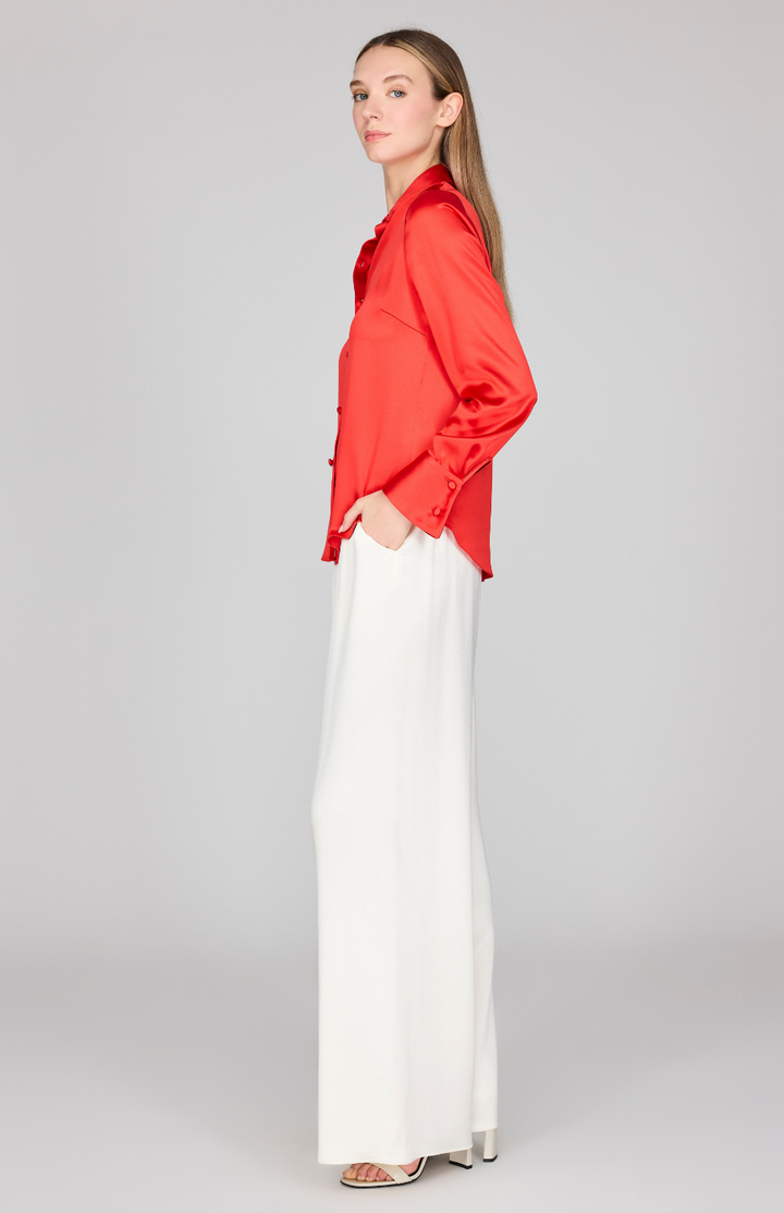 Satin Button Down Collared Shirt w/ Relaxed Sleeve