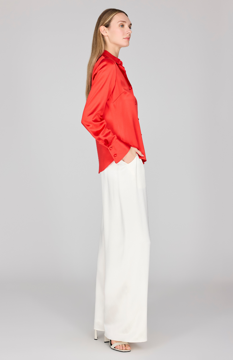 Satin Button Down Collared Shirt w/ Relaxed Sleeve