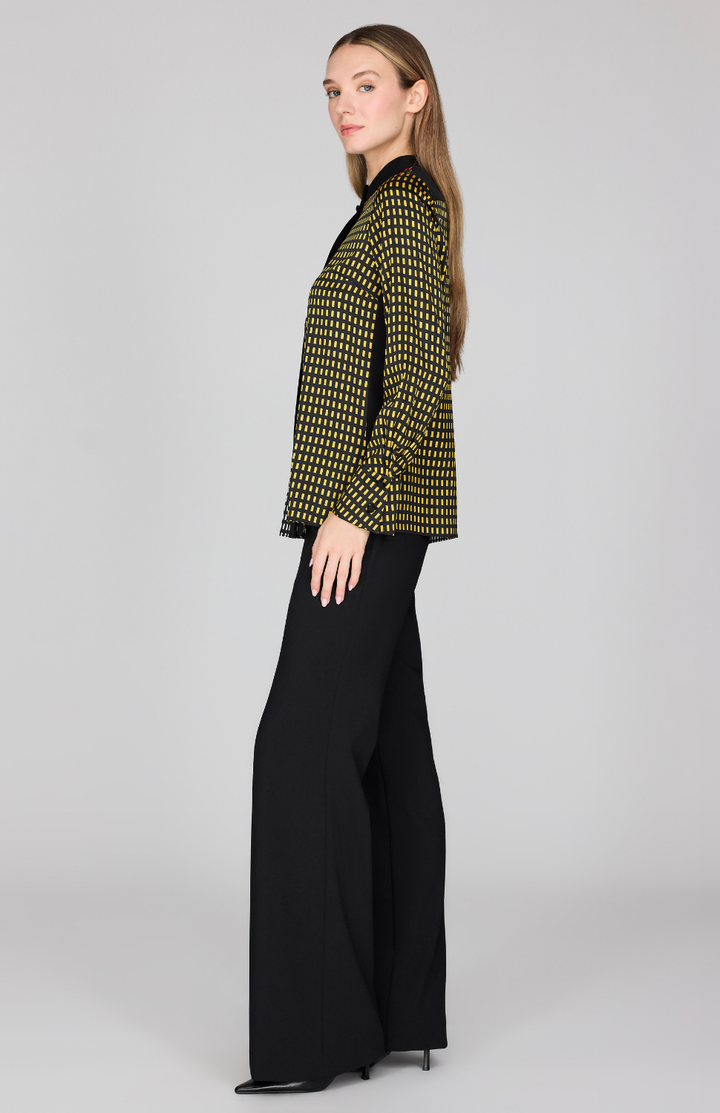 Stitch Print Silk Mandarin Collar Blouse w/ Relaxed Sleeve