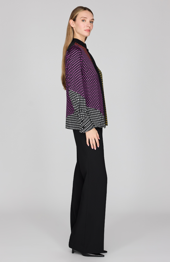Stitch Print Silk Mandarin Collar Blouse w/ Relaxed Sleeve
