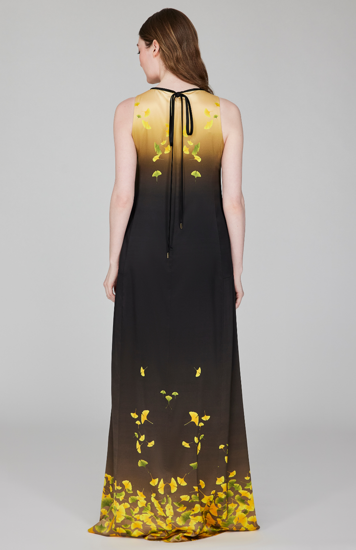 Falling Leaves Stretch Silk Trapeze Gown w/ Side Panels