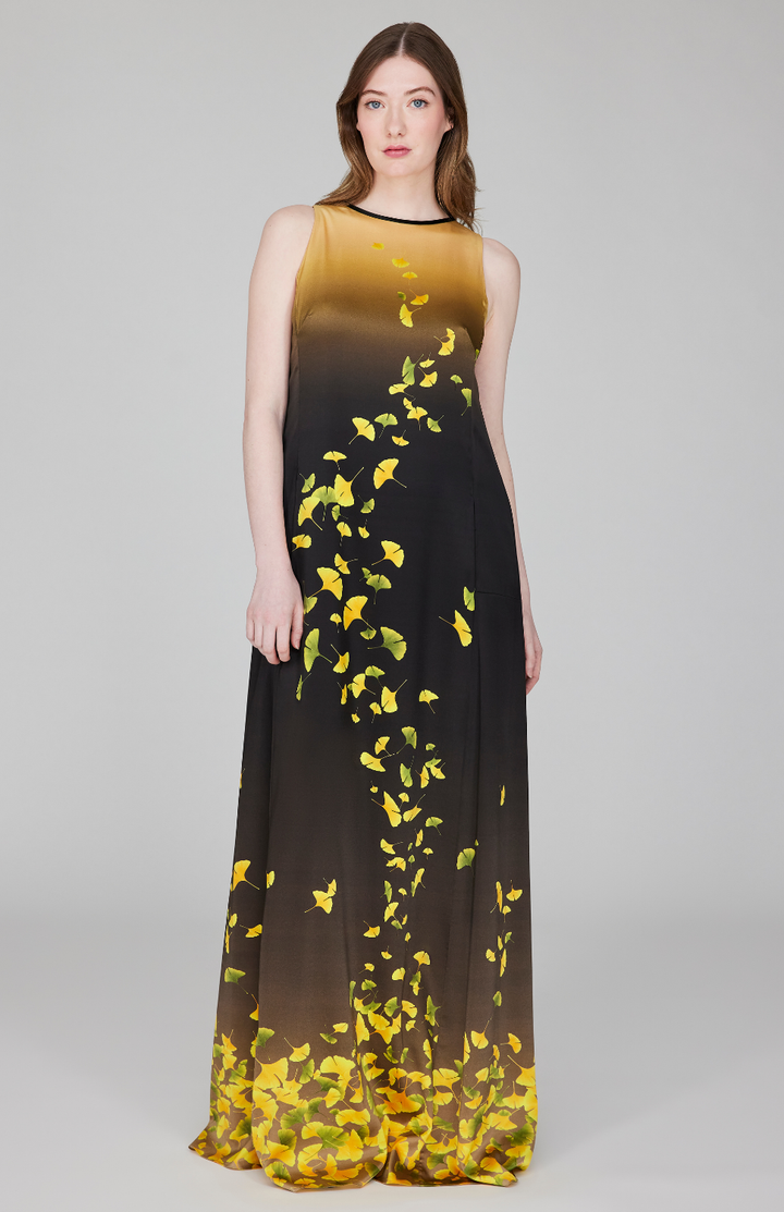 Falling Leaves Stretch Silk Trapeze Gown w/ Side Panels