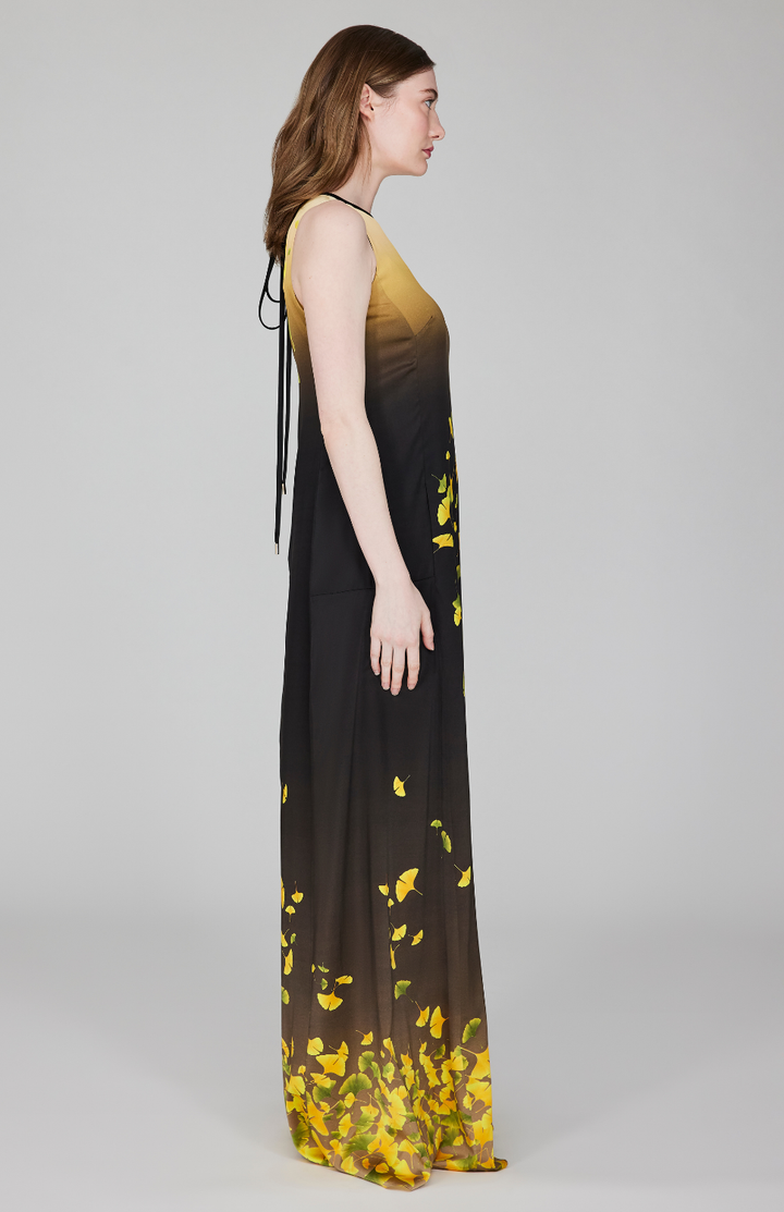 Falling Leaves Stretch Silk Trapeze Gown w/ Side Panels