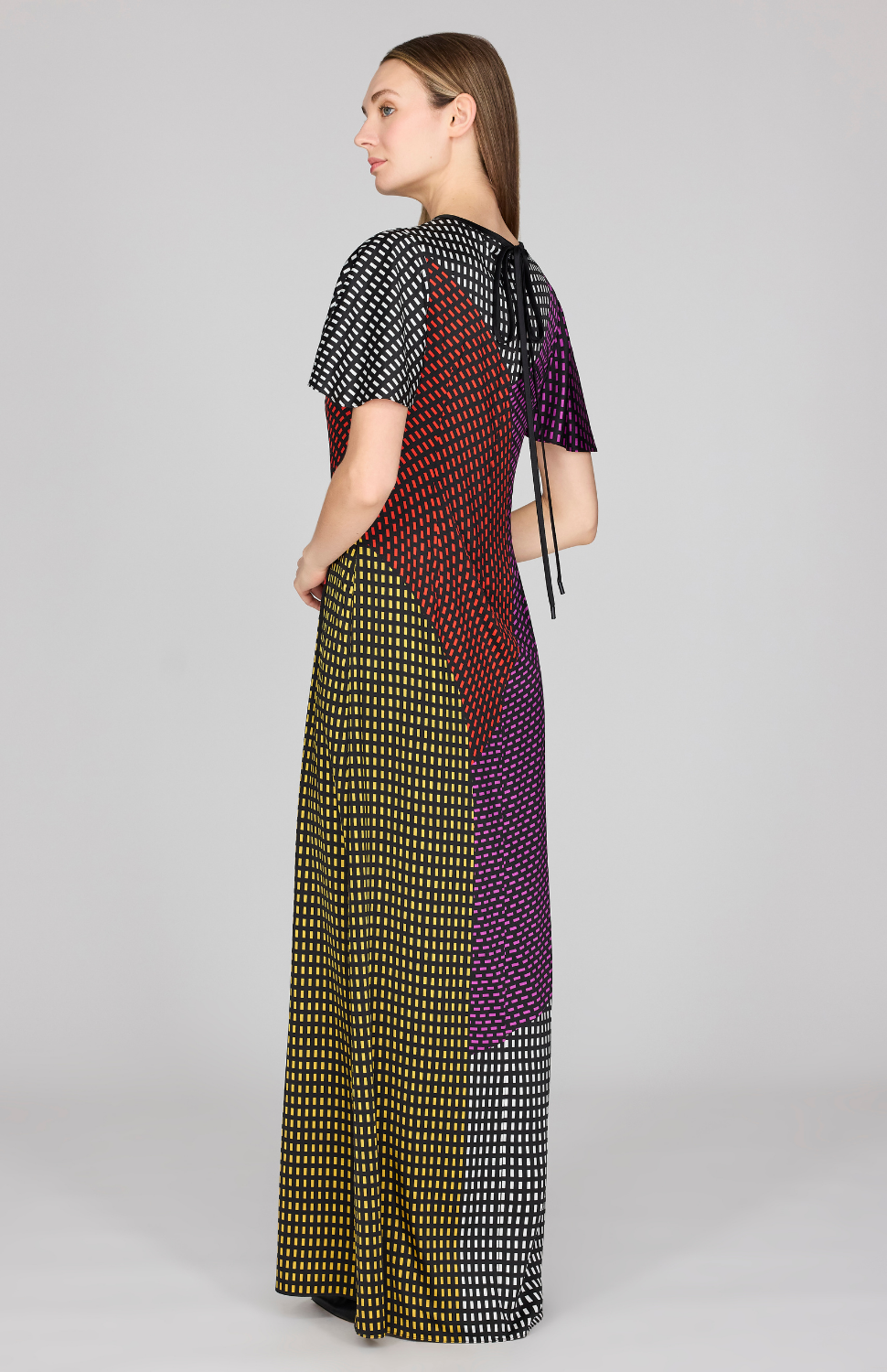 Stitch Print Silk Flutter Sleeve Gown