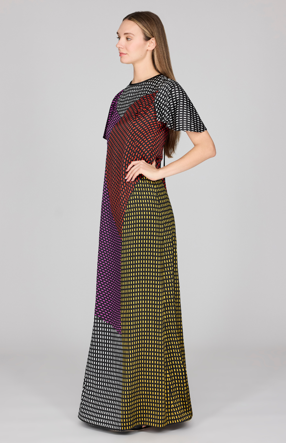 Stitch Print Silk Flutter Sleeve Gown