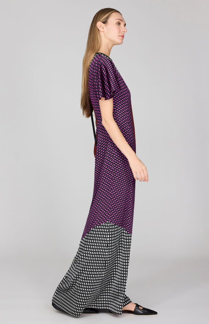 Stitch Print Silk Flutter Sleeve Gown