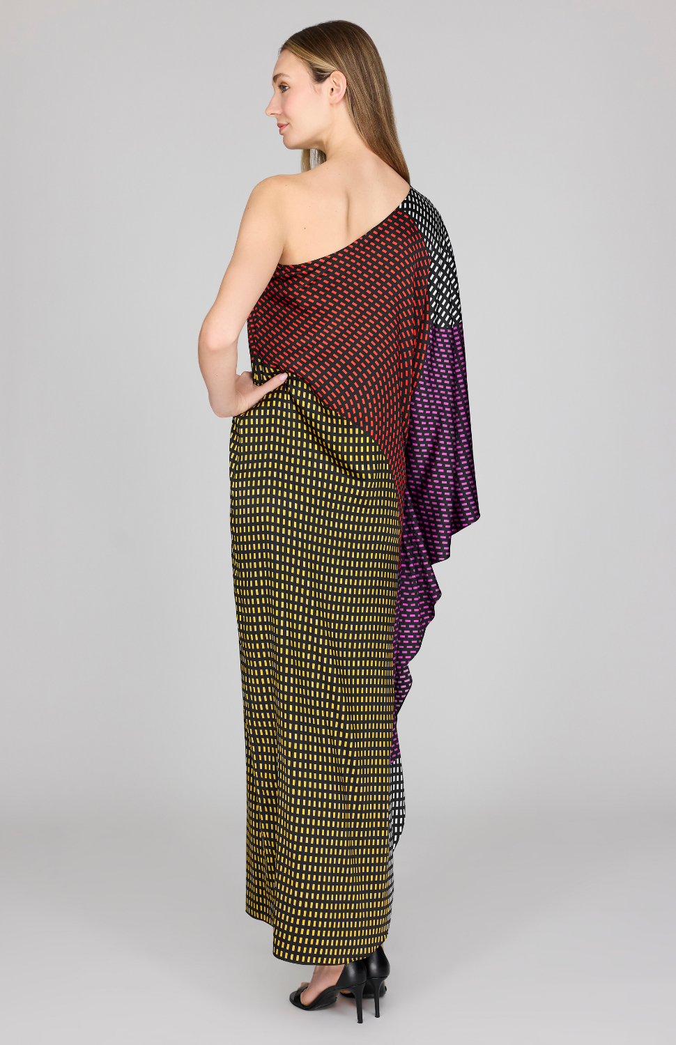 Stitch Print Silk One Shoulder Cascade Gown